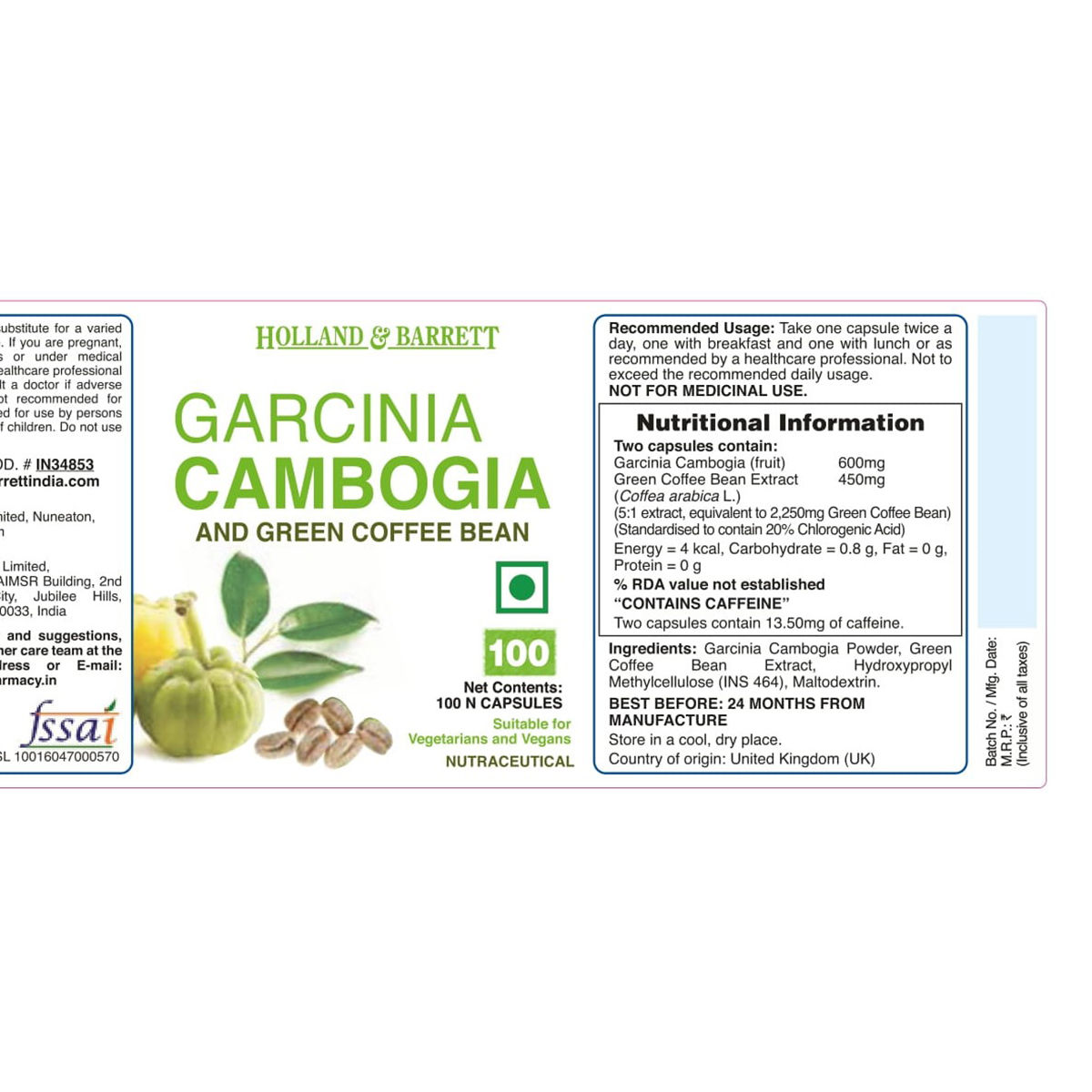 Holland & Barrett Garcinia Cambogia & Green Coffee Bean, 100 Capsules