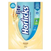 Horlicks Lite Badam Flavour Nutrition Powder 450 gm Refill Pack | With 6 Antioxidant Nutrients, High Protein, Zero Cholestrol | Strengthens Bones | Improves Stamina | Nutritional Drink For Adult, Pack of 1