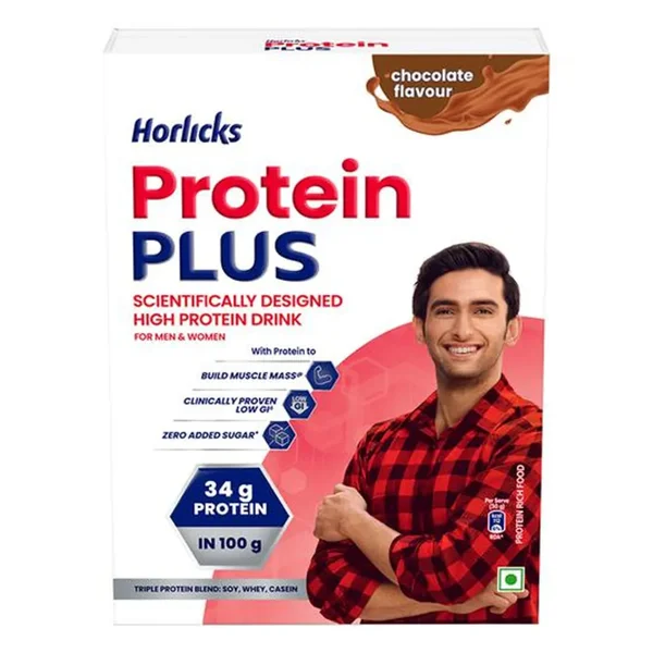 Horlicks Protein Plus Chocolate Flavour Nutrition Powder 400 gm | Triple Protein Blend Of Soy, Whey, Casein | Helps To Build Muscle Mass, Pack of 1