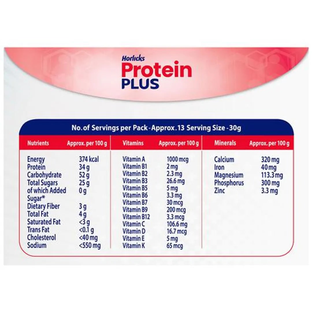 Horlicks Protein Plus Chocolate Flavour Nutrition Powder 400 gm | Triple Protein Blend Of Soy, Whey, Casein | Helps To Build Muscle Mass, Pack of 1 Horlicks Protein Plus Chocolate Flavour Nutrition Powder 400 gm | Triple Protein Blend Of Soy, Whey, Casein | Helps To Build Muscle Mass, Pack of 1