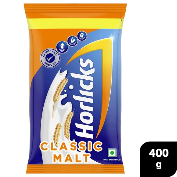 Horlicks Classic Malt Flavour Nutrition Drink Powder 400 gm Pouch | Support Immunity | Improves Bone &amp; Muscle Health | Healthy Weight Gain, Pack of 1