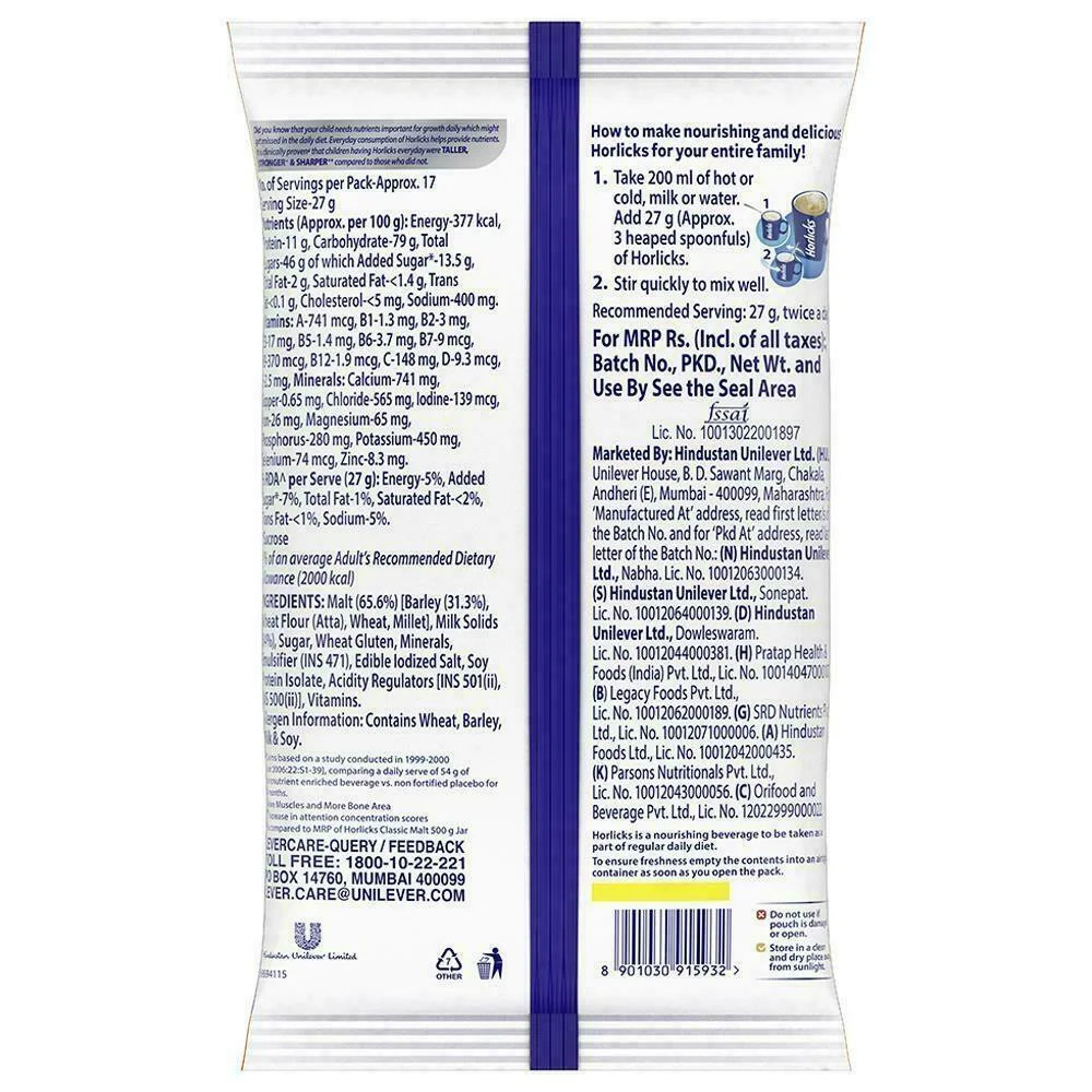 Horlicks Classic Malt Flavour Nutrition Drink Powder 400 gm Pouch | Support Immunity | Improves Bone & Muscle Health | Healthy Weight Gain, Pack of 1 Horlicks Classic Malt Flavour Nutrition Drink Powder 400 gm Pouch | Support Immunity | Improves Bone & Muscle Health | Healthy Weight Gain, Pack of 1