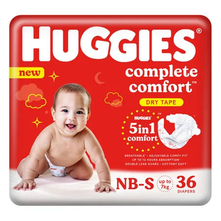 Huggies Complete Comfort Dry Tape Baby Diapers New Born-Small, 36 Count