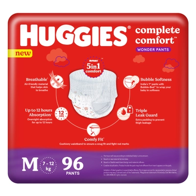 Huggies कम्प्लीट कम्फर्ट वंडर बेबी डायपर पैंट मीडियम, 96 काउंट, 1 का पैक