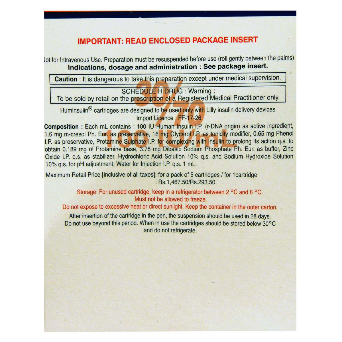 Huminsulin 30/70 100IU/ml Cartridge 5 x 3 ml, Pack of 5 INJECTIONS Huminsulin 30/70 100IU/ml Cartridge 5 x 3 ml, Pack of 5 INJECTIONS