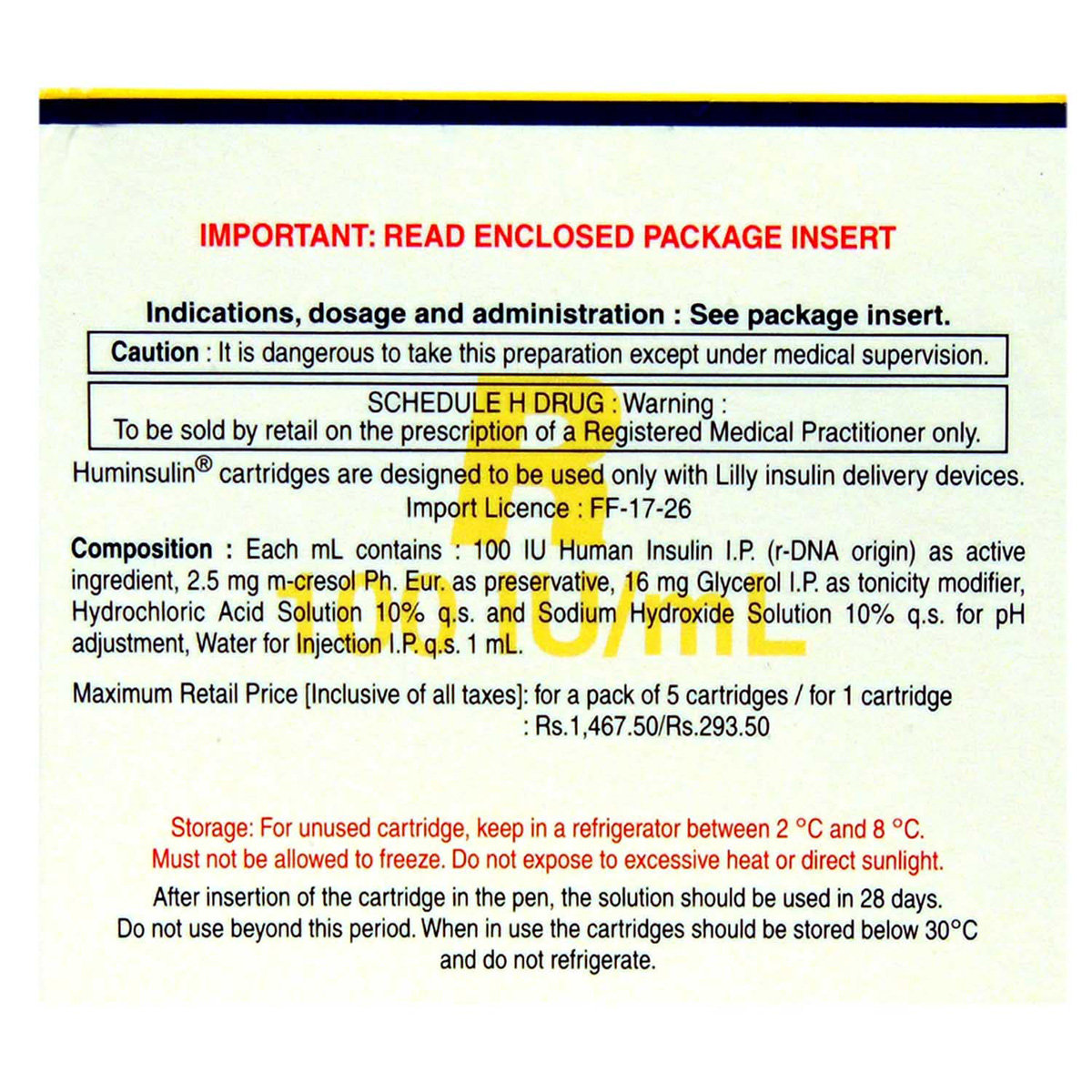 Huminsulin R 100IU/ml Cartridge 5 x 3 ml, Pack of 5 INJECTIONS Huminsulin R 100IU/ml Cartridge 5 x 3 ml, Pack of 5 INJECTIONS