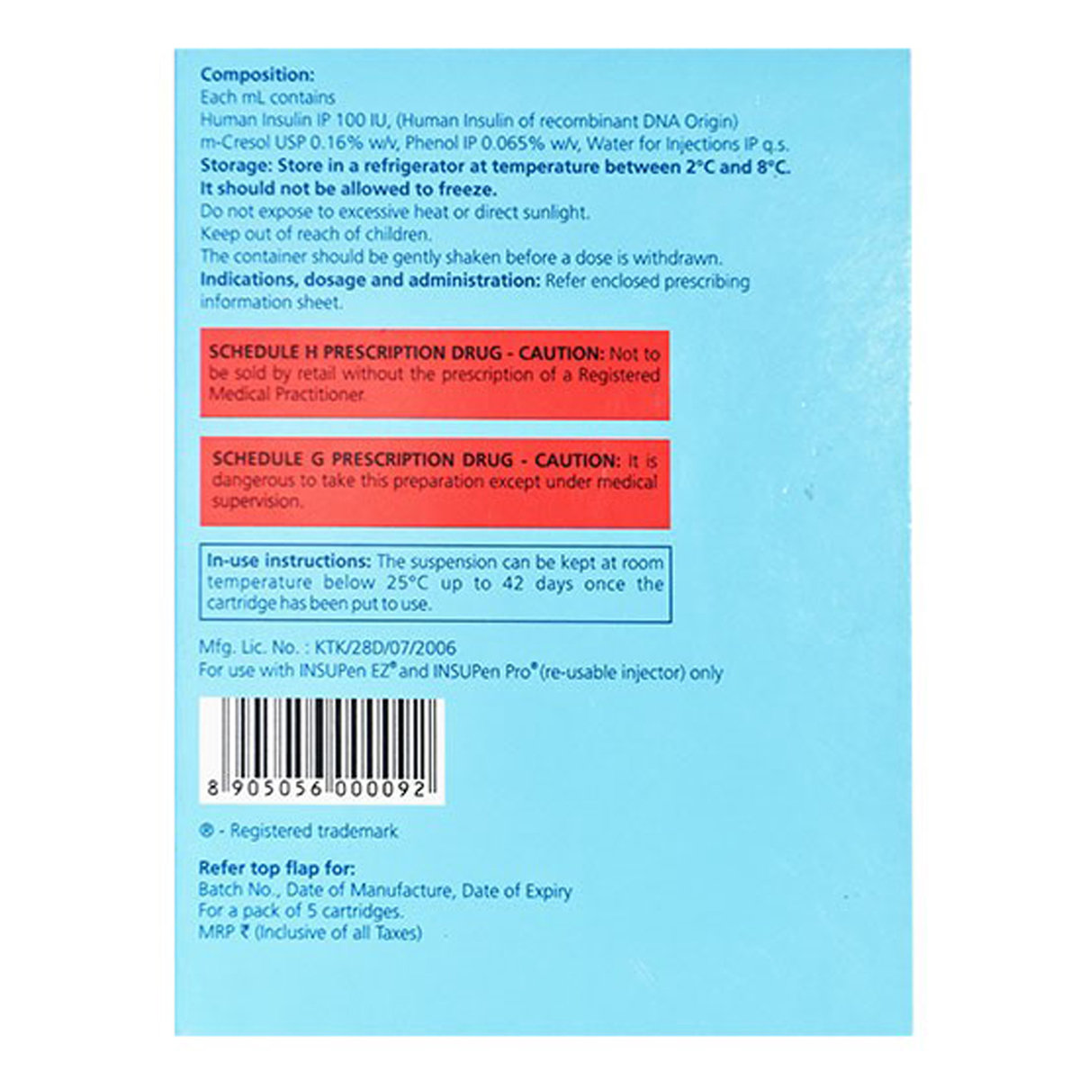 Insugen-N Refil 100IU/ml Injection 3 ml, Pack of 5 CartridgeS Insugen-N Refil 100IU/ml Injection 3 ml, Pack of 5 CartridgeS