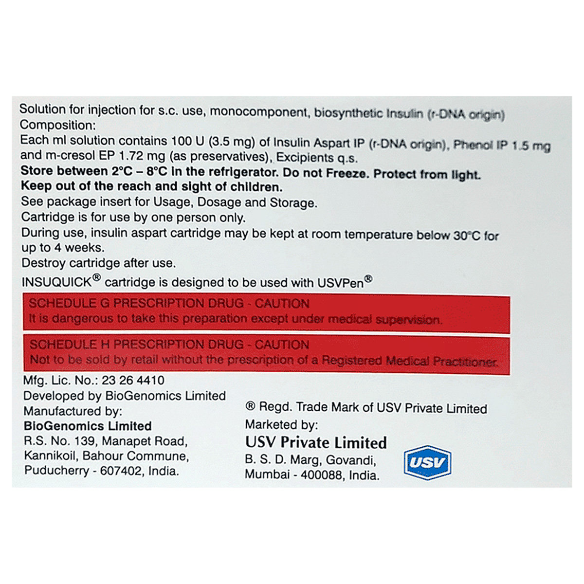 Insuquick 100U/ml Cartridge Injection 3 ml, Pack of 1 Injection Insuquick 100U/ml Cartridge Injection 3 ml, Pack of 1 Injection