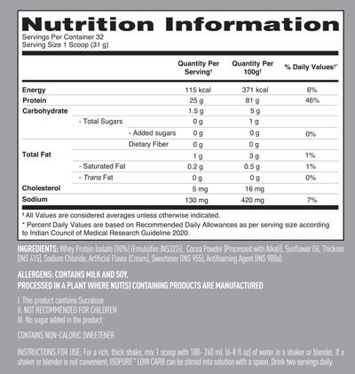 Isopure Low Carb 100% Whey Protein Isolate Dutch Chocolate Flavour Powder, 2.20 lb, Pack of 1