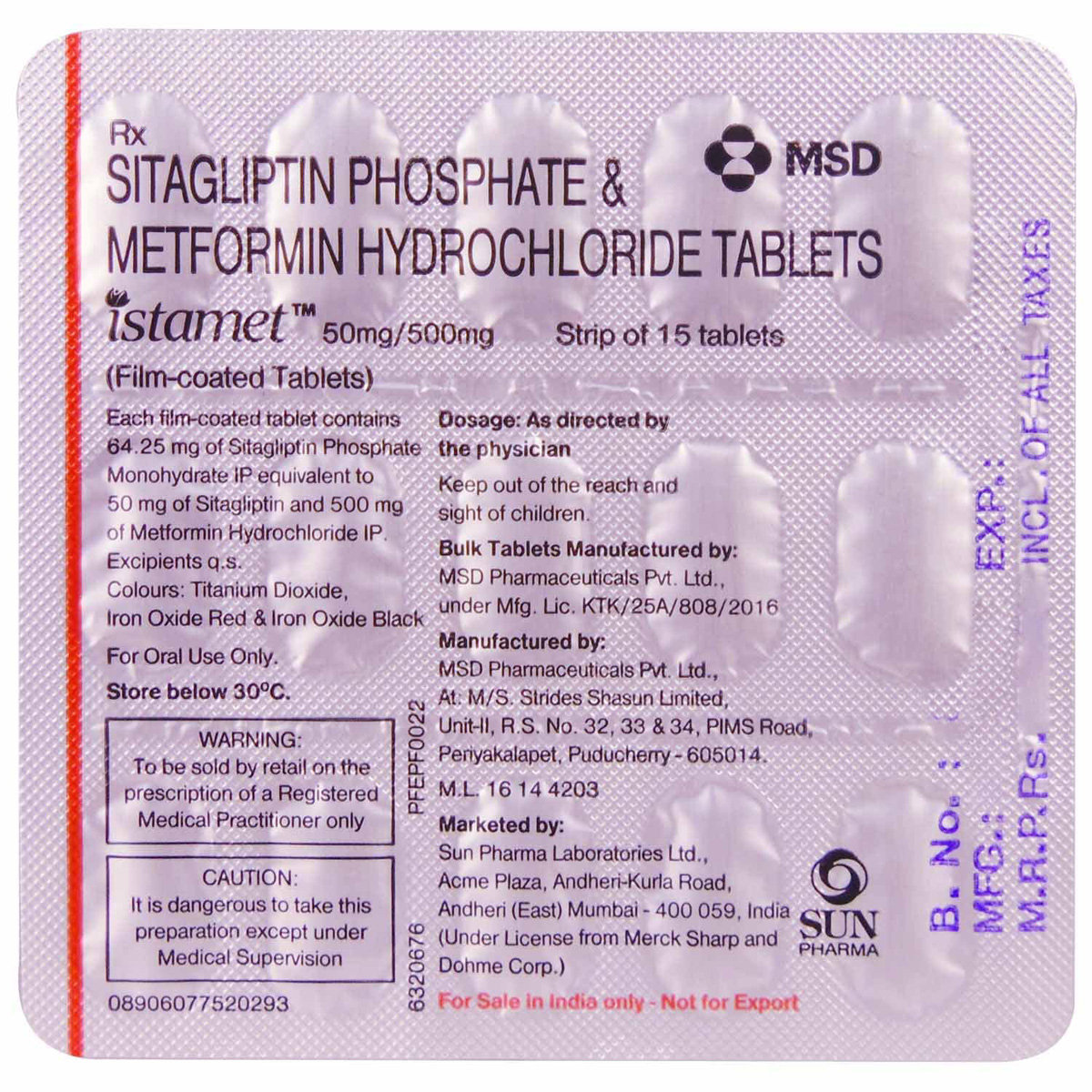 Istamet 50 mg/500 mg Tablet 15's, Pack of 15 Istamet 50 mg/500 mg Tablet 15's, Pack of 15