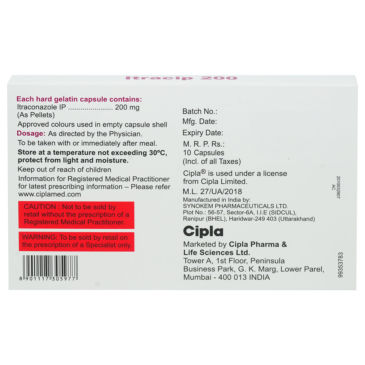Itracip 200 mg Capsule 10's, Pack of 10 CapsuleS Itracip 200 mg Capsule 10's, Pack of 10 CapsuleS