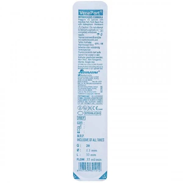 I.V CANNULA 20G VENEPORT (ROMSONS), Pack of 1