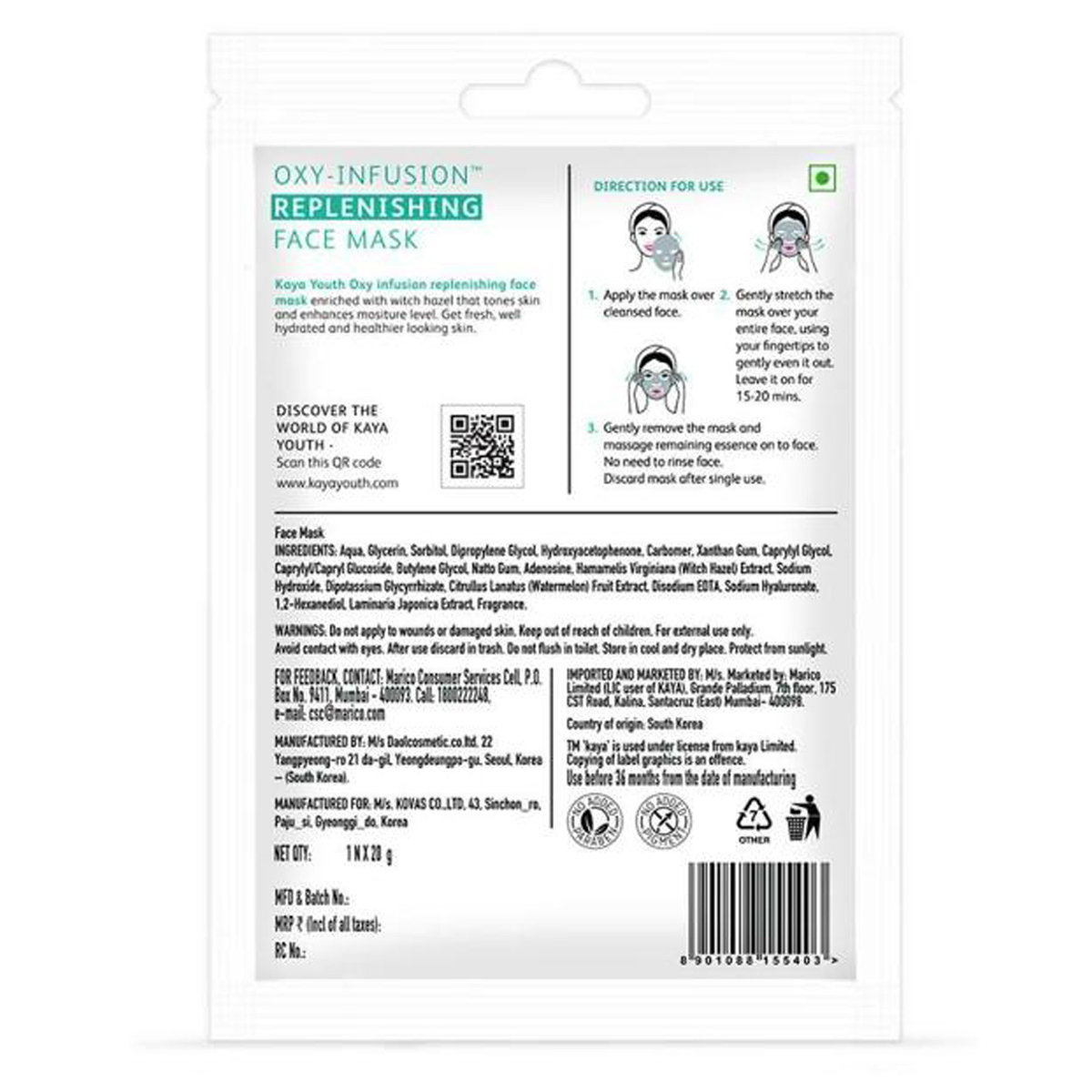Kaya Youth Oxy-Infusion Replenishing Face Mask 20 gm | Witch Hazel | Replenishes Skin Moisture | Improves Skin Tone | For Toned & Hydrated Skin, Pack of 1 Kaya Youth Oxy-Infusion Replenishing Face Mask 20 gm | Witch Hazel | Replenishes Skin Moisture | Improves Skin Tone | For Toned & Hydrated Skin, Pack of 1