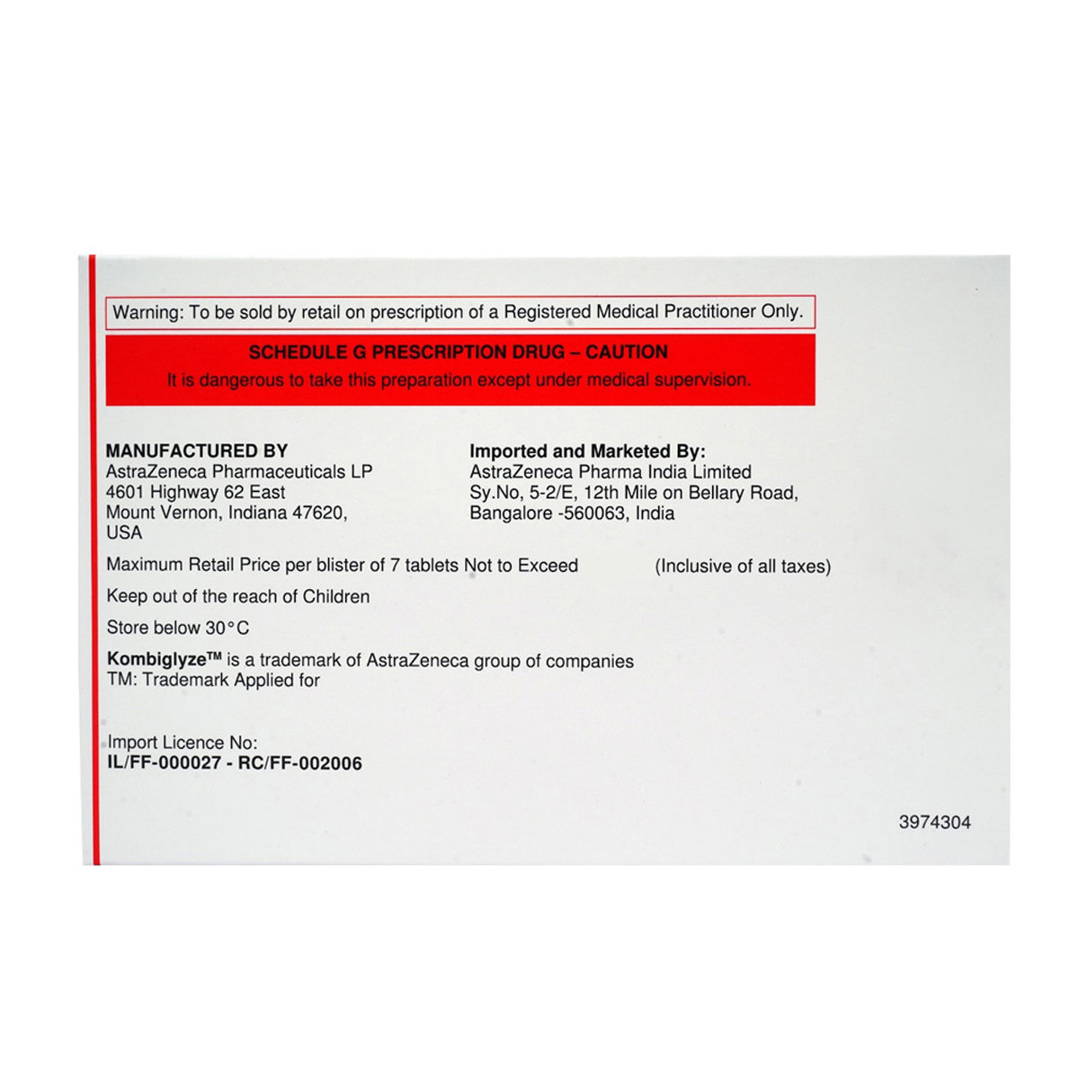 Kombiglyze XR 5 mg/1000 mg Tablet 7's, Pack of 7 Kombiglyze XR 5 mg/1000 mg Tablet 7's, Pack of 7