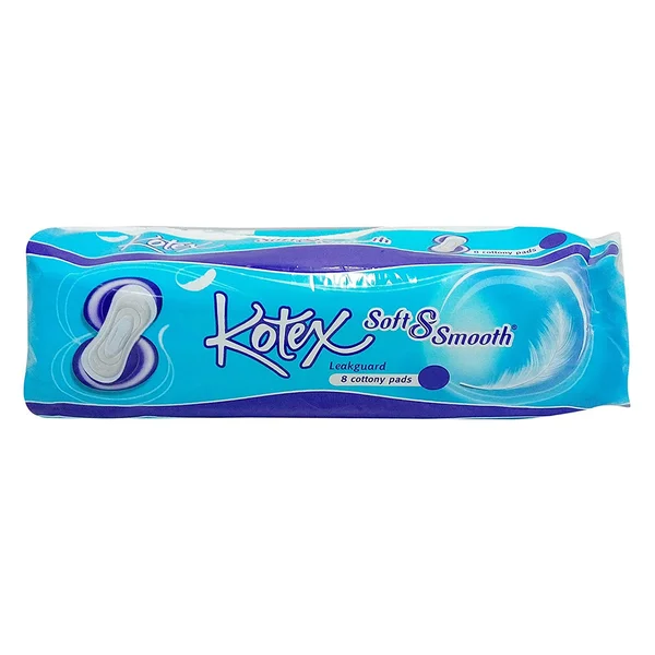 Kotex Soft and Smooth Leakguard Cottony Pads, 8 Count, Pack of 1