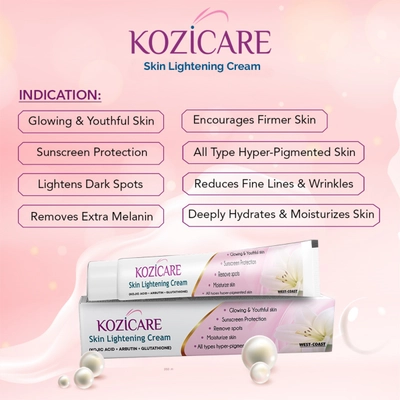 Kozicare Skin Lightening Cream 15 gm | Kojic Acid, Arbutin &amp; Glutathione | Moisturises Skin | Removes Spots | Sun Protection | Gives Glowing &amp; Youthful Skin | For All Type Of Hyperpigmented Skin, Pack of 1