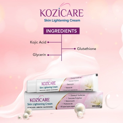 Kozicare Skin Lightening Cream 15 gm | Kojic Acid, Arbutin &amp; Glutathione | Moisturises Skin | Removes Spots | Sun Protection | Gives Glowing &amp; Youthful Skin | For All Type Of Hyperpigmented Skin, Pack of 1