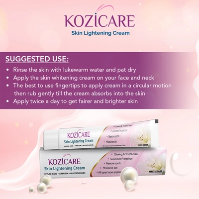 Kozicare Skin Lightening Cream 15 gm | Kojic Acid, Arbutin &amp; Glutathione | Moisturises Skin | Removes Spots | Sun Protection | Gives Glowing &amp; Youthful Skin | For All Type Of Hyperpigmented Skin, Pack of 1