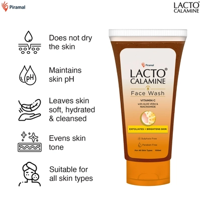 Lacto Calamine Vitamin-C Face Wash 100 ml | Vitamin C, Aloe Vera &amp; Niacinamide | Exfoliates &amp; Hydrates Skin | For Brighter &amp; Glowing Skin | For All Skin Type, Pack of 1