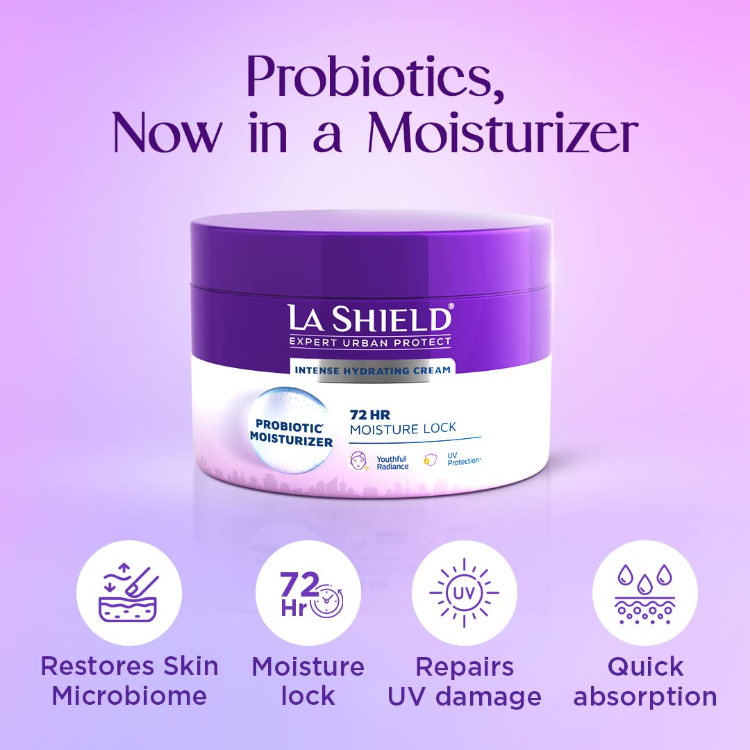 La Shield Probiotic Moisturizer Intense Hydrating Cream 50 gm | Restores Skin Microbiome | 72Hrs Moisture Lock | Provides UV Protection | Youthful Radiance | For All Skin Type, Pack of 1 La Shield Probiotic Moisturizer Intense Hydrating Cream 50 gm | Restores Skin Microbiome | 72Hrs Moisture Lock | Provides UV Protection | Youthful Radiance | For All Skin Type, Pack of 1