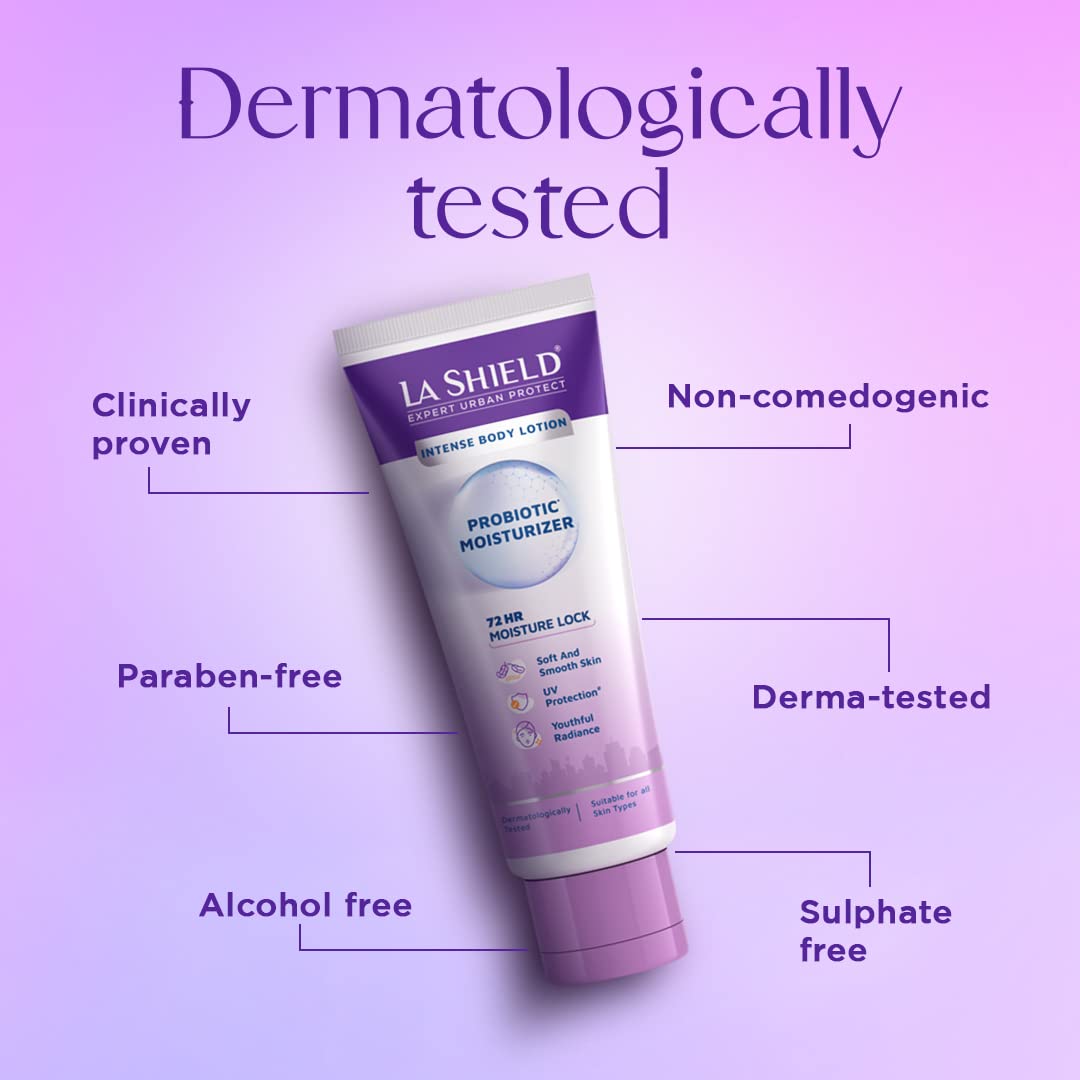 La Shield Probiotic Moisturizer Intense Body Lotion 100 gm | Restores Skin Microbiome | 72Hrs Moisture Lock | Provides UV Protection | Youthful Radiance | For Soft & Smooth Skin | For All Skin Type, Pack of 1 La Shield Probiotic Moisturizer Intense Body Lotion 100 gm | Restores Skin Microbiome | 72Hrs Moisture Lock | Provides UV Protection | Youthful Radiance | For Soft & Smooth Skin | For All Skin Type, Pack of 1