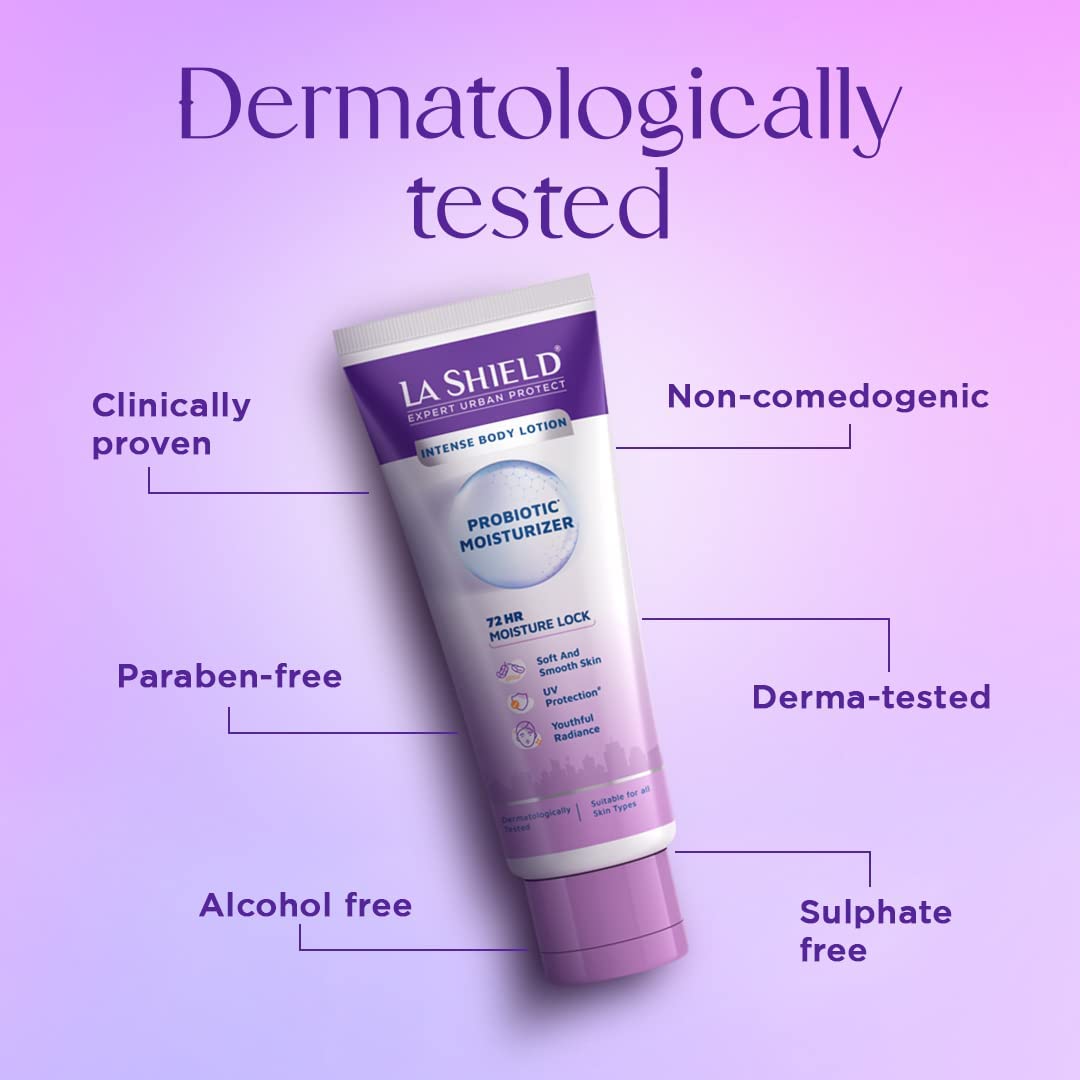La Shield Probiotic Moisturizer Intense Body Lotion 200 gm | Restores Skin Microbiome | 72Hrs Moisture Lock | Provides UV Protection | Youthful Radiance | For Soft & Smooth Skin | For All Skin Type, Pack of 1 La Shield Probiotic Moisturizer Intense Body Lotion 200 gm | Restores Skin Microbiome | 72Hrs Moisture Lock | Provides UV Protection | Youthful Radiance | For Soft & Smooth Skin | For All Skin Type, Pack of 1