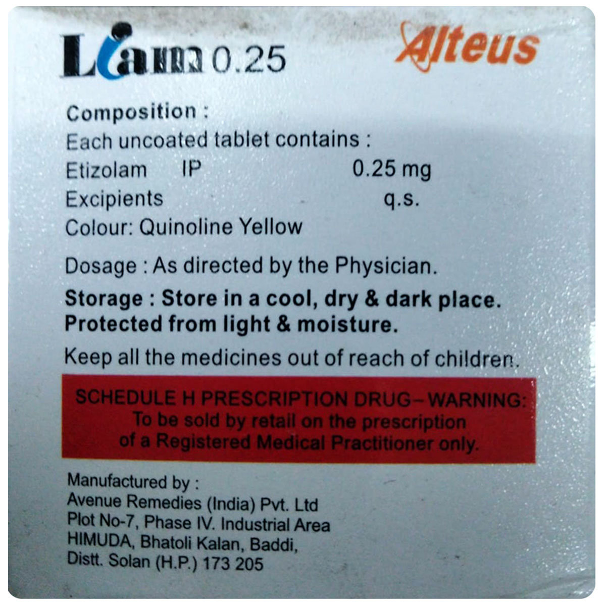 Liam 0.25 Tablet 15's, Pack of 15 TABLETS Liam 0.25 Tablet 15's, Pack of 15 TABLETS