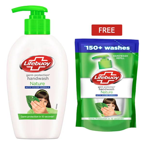 Lifebuoy Nature Germ Protection Handwash 190 ml | Goodness Of Green Tea Extract | With Activ Silver Formula | Provides Germ Protection In 10 Seconds, Pack of 1