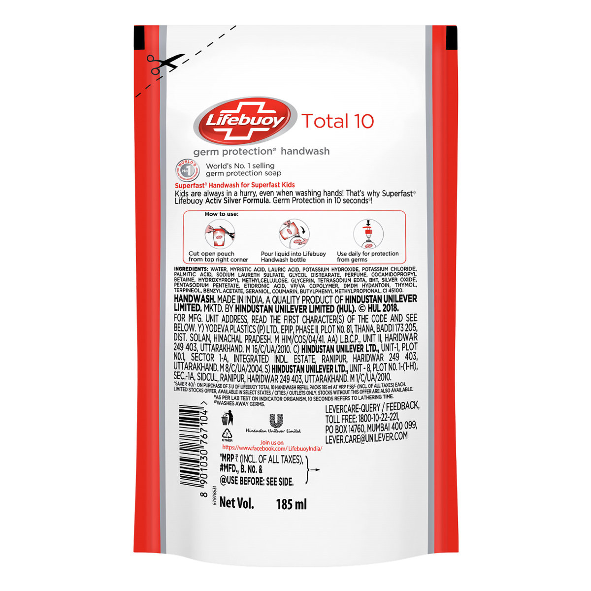 Lifebuoy Total 10 Germ Protection Handwash, 555 ml Refill Pack (3x185 ml), Pack of 1 Lifebuoy Total 10 Germ Protection Handwash, 555 ml Refill Pack (3x185 ml), Pack of 1