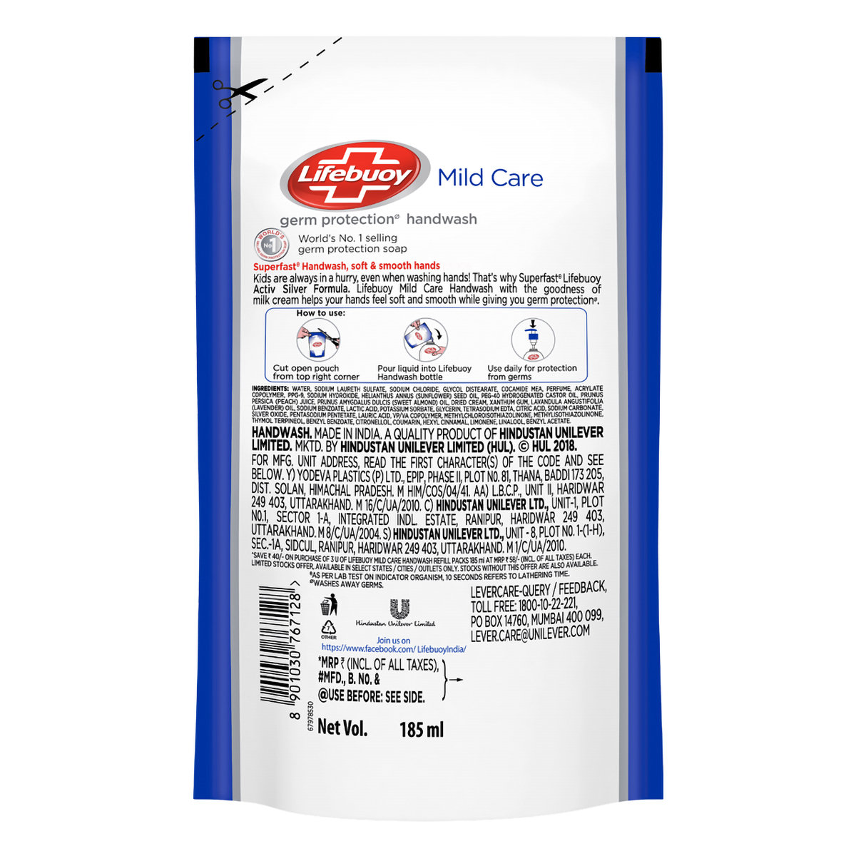 Lifebuoy Mild Care Germ Protection Handwash, 555 ml Refill Pack (3x185 ml), Pack of 1 Lifebuoy Mild Care Germ Protection Handwash, 555 ml Refill Pack (3x185 ml), Pack of 1