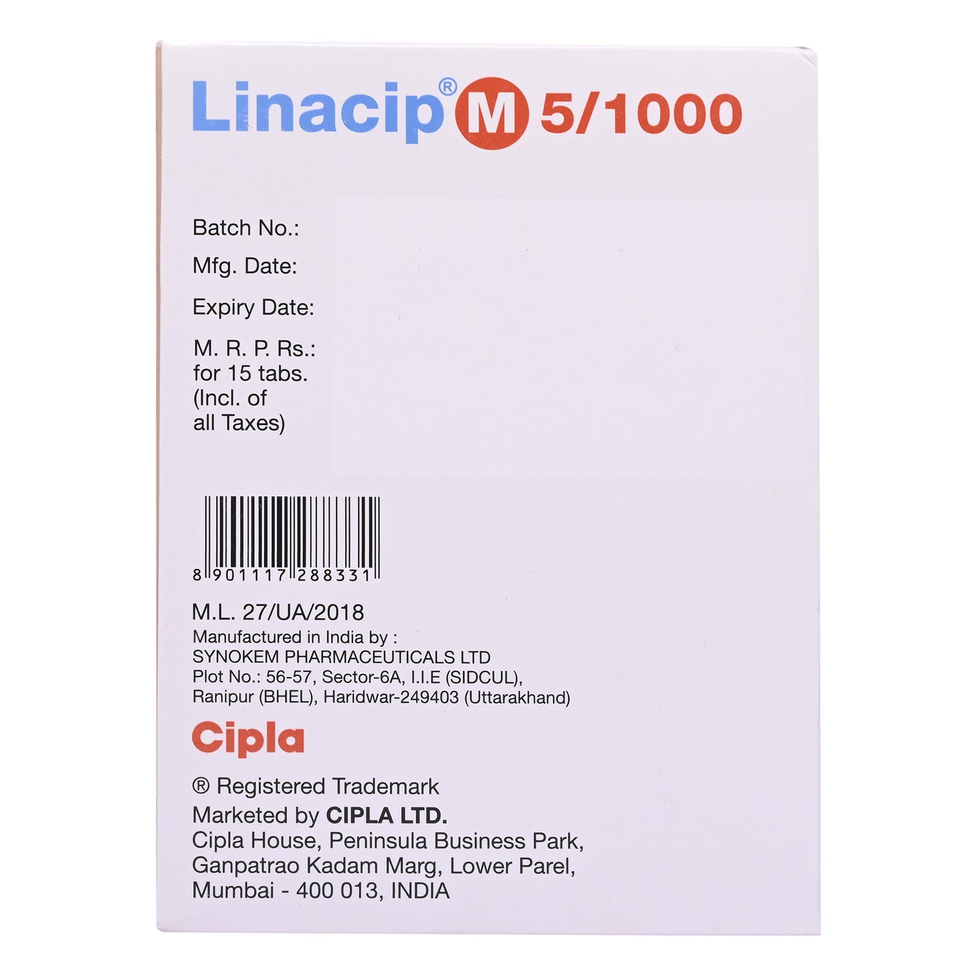 Linacip M 5 mg/1000 mg Tablet 15's, Pack of 15 TabletS Linacip M 5 mg/1000 mg Tablet 15's, Pack of 15 TabletS