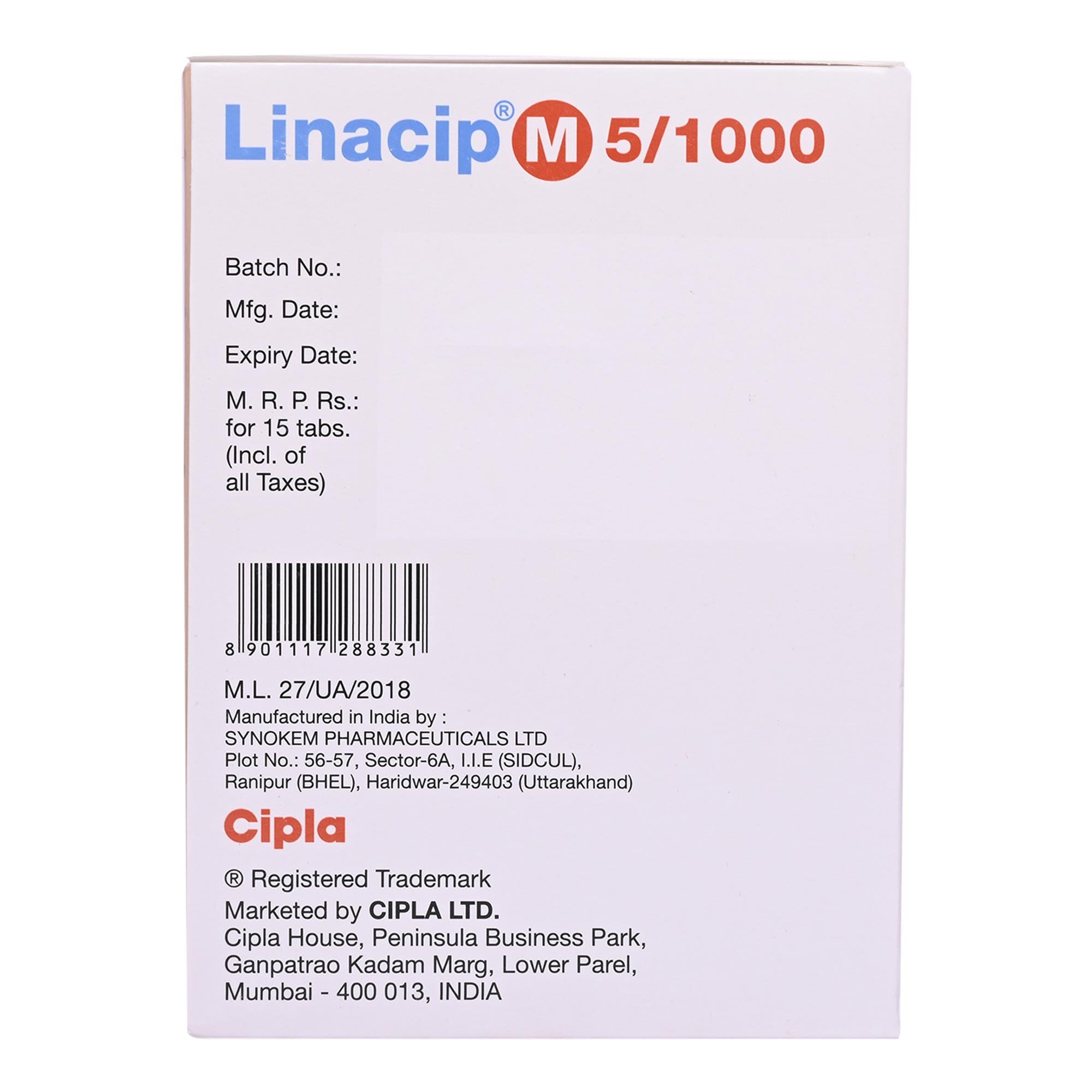 Linacip M 5 mg/1000 mg Tablet 15's, Pack of 15 TabletS Linacip M 5 mg/1000 mg Tablet 15's, Pack of 15 TabletS