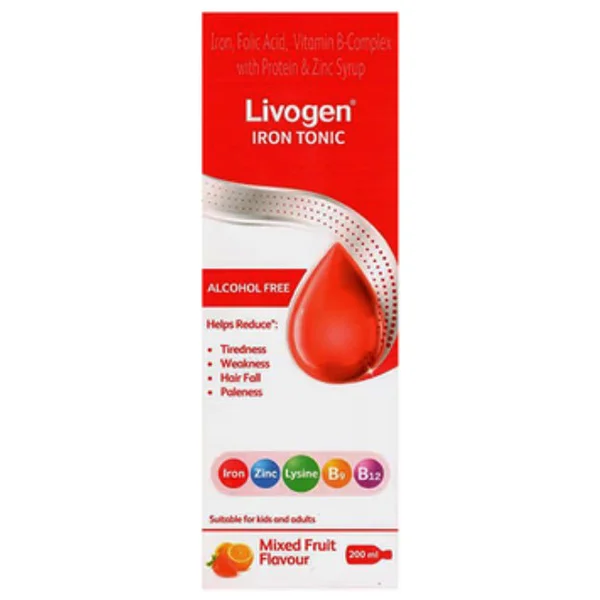 Livogen Iron Tonic Mixed Fruit Flavour Syrup 200 ml, Pack of 1