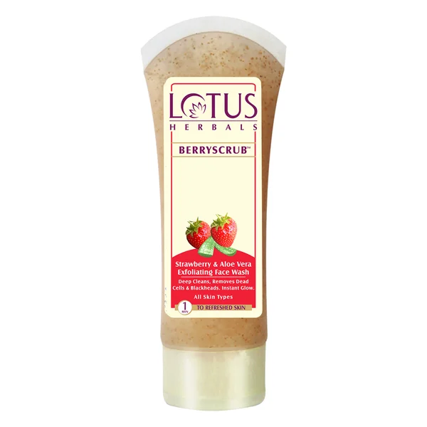 Lotus Herbals Berryscrub Strawberry &amp; Aloe Vera Exfoliating Face Wash 80 gm | Deep Cleansing | Removes Dead Cells &amp; Blackheads | Gives Instant Glow | For All Skin Type, Pack of 1
