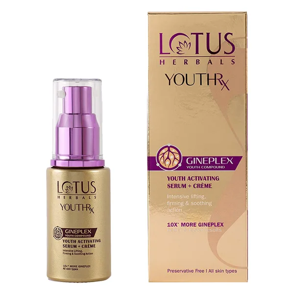 Lotus Herbals YouthRx Youth Activating Serum + Creme 30 ml | Ginseng &amp; Ginger | Gineplex Youth Compund Formula | Reduces Signs Of Ageing | Brigtens, Firms &amp; Plumps Skin, Pack of 1