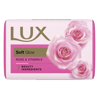 Lux Soft Glow Rose &amp; Vitamin E Soap 100 gm | With 7 Beauty Ingredients | Gently Cleanses | Gives Soft &amp; Glowing Skin | With Long Lasting Fragrance | For All Skin Type, Pack of 1