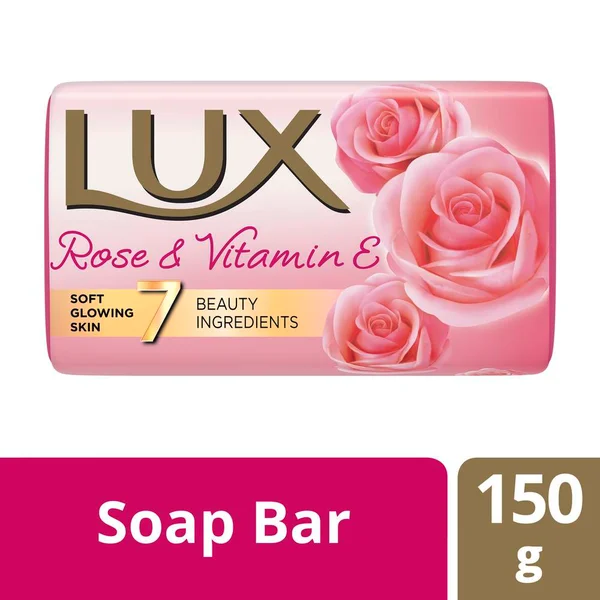 Lux Soft Glow Rose &amp; Vitamin E Soap 150 gm | With 7 Beauty Ingredients | Gently Cleanses | Gives Soft &amp; Glowing Skin | With Long Lasting Fragrance | For All Skin Type, Pack of 1