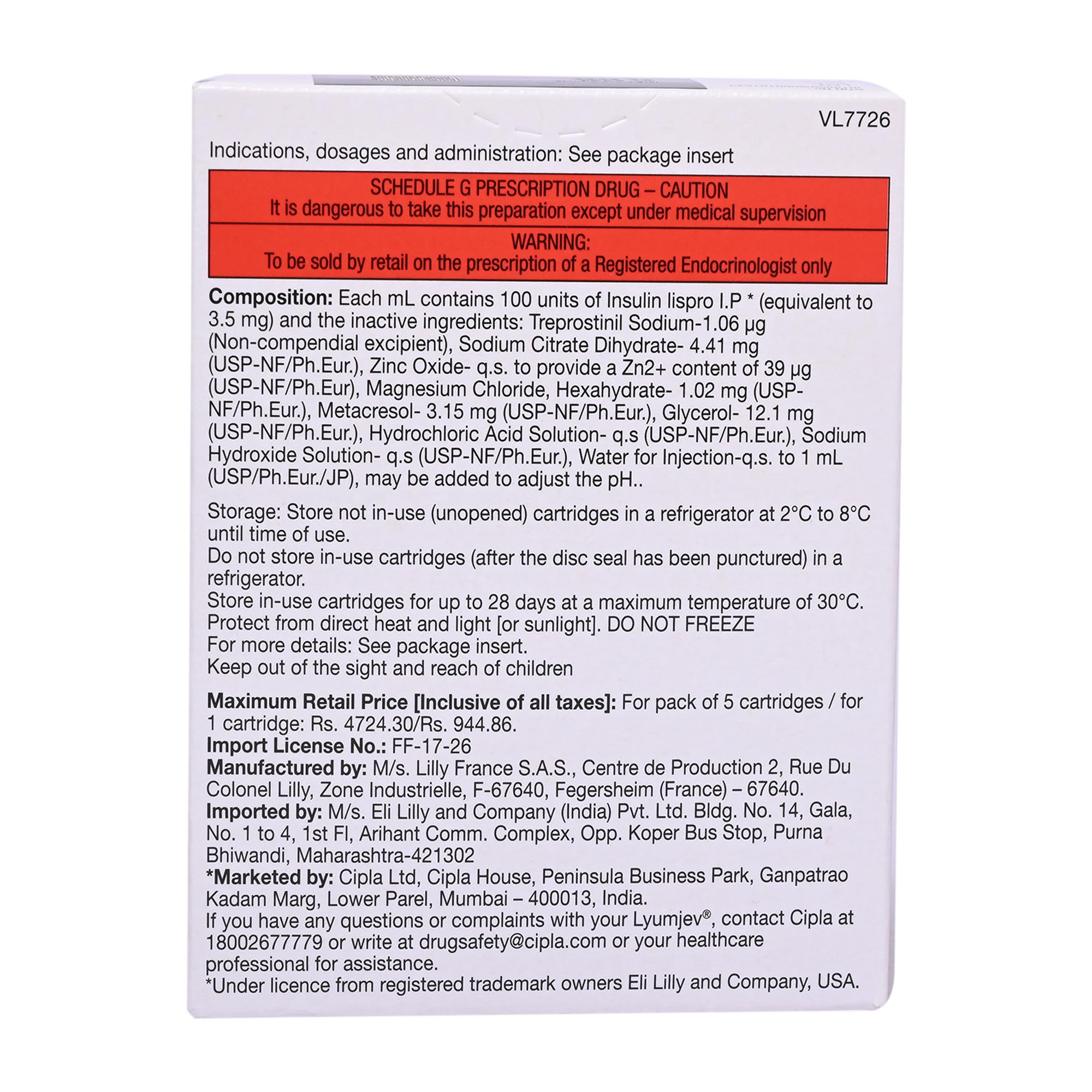 Lyumjev 100IU Cartridge 3 ml, Pack of 1 Injection Lyumjev 100IU Cartridge 3 ml, Pack of 1 Injection