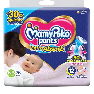 MamyPoko Extra Absorb Diaper Pants New Born, 76 Count, Pack of 1