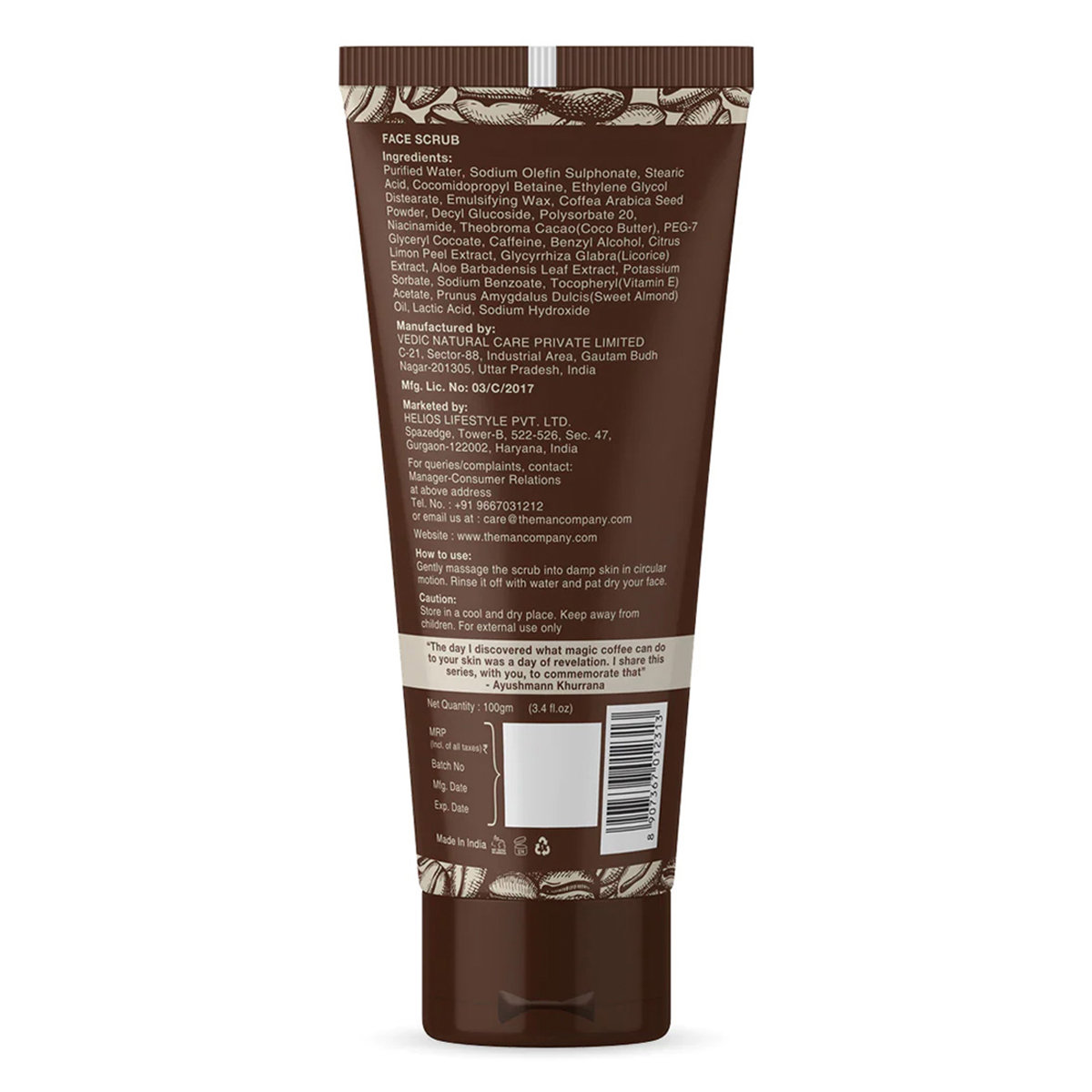 The Man Company Caffeine Face Scrub 100 ml | Caffeine Arabica & Aloe Vera | Removes Tan | Helps In Skin Detoxification | Removes Impurities | For All Skin Type, Pack of 1 The Man Company Caffeine Face Scrub 100 ml | Caffeine Arabica & Aloe Vera | Removes Tan | Helps In Skin Detoxification | Removes Impurities | For All Skin Type, Pack of 1