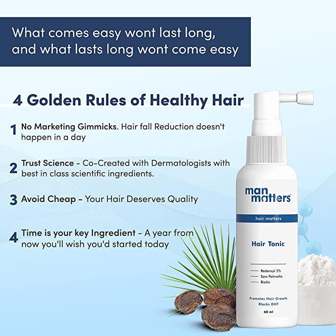 Man Matters Hair Growth Tonic 60 ml|With 3% Redensyl, Saw Palmetto & Biotin||DHT Blocker, Reduces Hair Fall, Pack of 1 Man Matters Hair Growth Tonic 60 ml|With 3% Redensyl, Saw Palmetto & Biotin||DHT Blocker, Reduces Hair Fall, Pack of 1