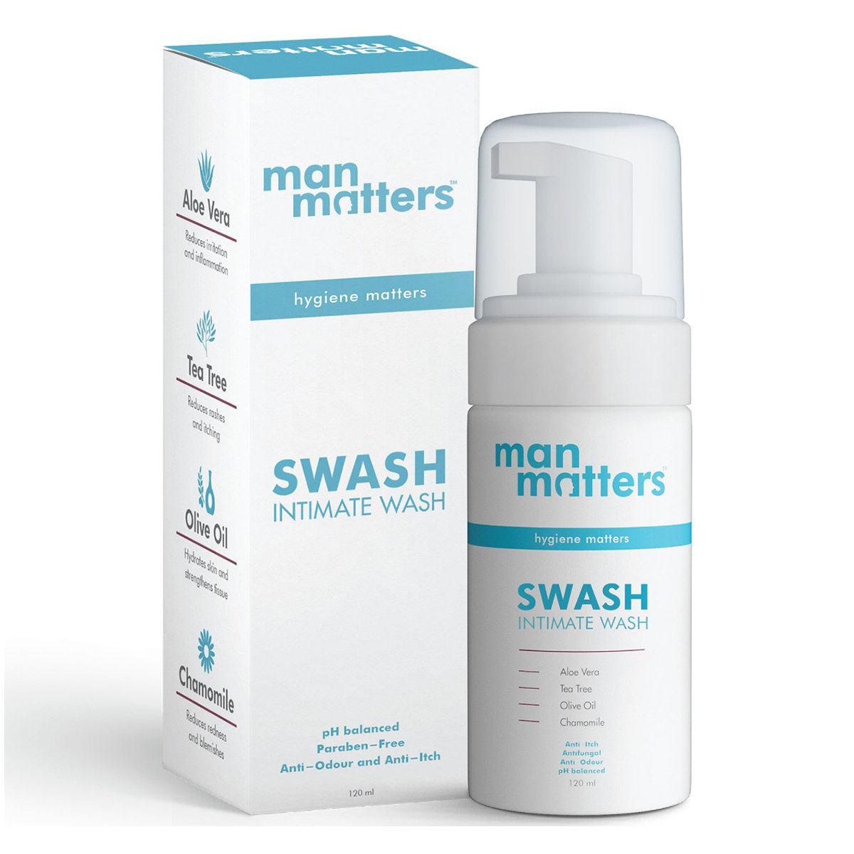 Man Matters Swash Intimate Wash 120 ml| With Aloe Vera, Tea Tree for Men|Anti Bacterial, Anti Itch, Anti Odour | Better Private Parts Hygiene, Pack of 1 Man Matters Swash Intimate Wash 120 ml| With Aloe Vera, Tea Tree for Men|Anti Bacterial, Anti Itch, Anti Odour | Better Private Parts Hygiene, Pack of 1