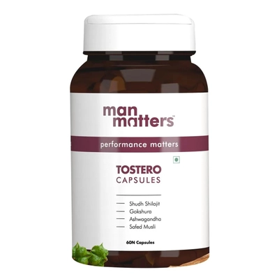 Man Matters Tostero 60 Capsules|With Shudh Shilajit, Ashwagandha, Gokshura &amp; Safed Musli|Boosts Testosterone, Pack of 1