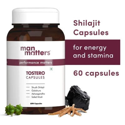 Man Matters Tostero 60 Capsules|With Shudh Shilajit, Ashwagandha, Gokshura &amp; Safed Musli|Boosts Testosterone, Pack of 1