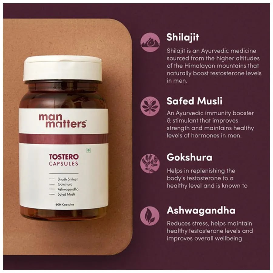Man Matters Tostero 60 Capsules|With Shudh Shilajit, Ashwagandha, Gokshura & Safed Musli|Boosts Testosterone, Pack of 1 Man Matters Tostero 60 Capsules|With Shudh Shilajit, Ashwagandha, Gokshura & Safed Musli|Boosts Testosterone, Pack of 1