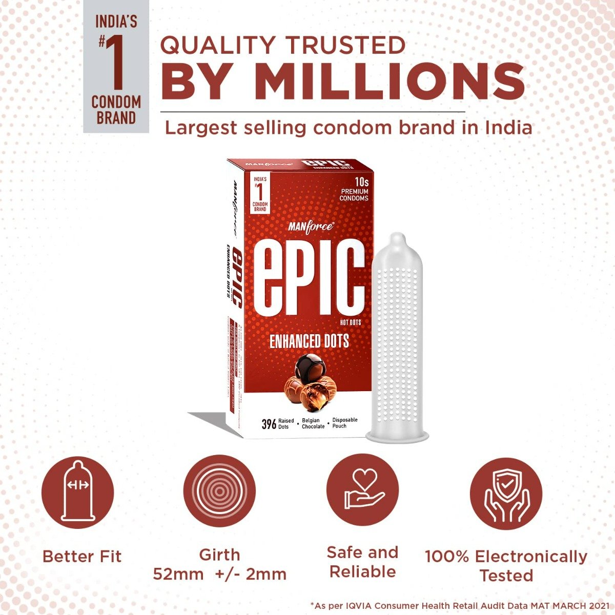 Manforce Epic Hot Dots Belgian Chocolate Flavour Premium Condoms, 10 Count, Pack of 1 Manforce Epic Hot Dots Belgian Chocolate Flavour Premium Condoms, 10 Count, Pack of 1