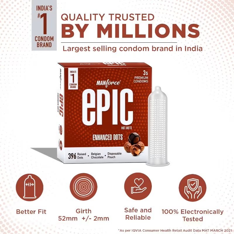 Manforce Epic Hot Dots Belgian Chocolate Flavour Condoms, 3 Count, Pack of 1 Manforce Epic Hot Dots Belgian Chocolate Flavour Condoms, 3 Count, Pack of 1