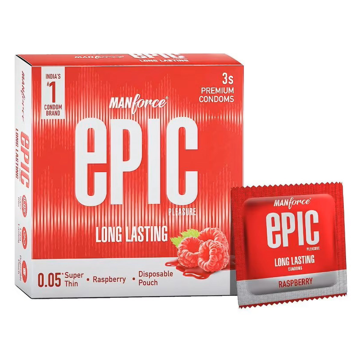 Manforce Epic Pleasure Long Lasting Super Thin Raspberry Flavour Condoms, 3 Count, Pack of 1 Manforce Epic Pleasure Long Lasting Super Thin Raspberry Flavour Condoms, 3 Count, Pack of 1