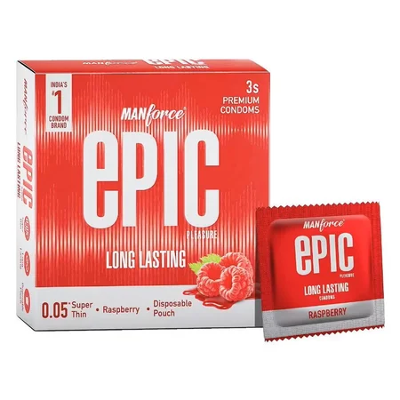 Manforce Epic Pleasure Long Lasting Super Thin Raspberry Flavour Condoms, 3 Count