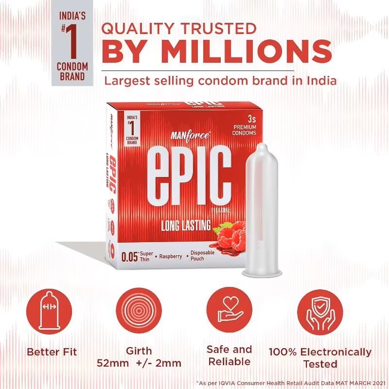 Manforce Epic Pleasure Long Lasting Super Thin Raspberry Flavour Condoms, 3 Count, Pack of 1 Manforce Epic Pleasure Long Lasting Super Thin Raspberry Flavour Condoms, 3 Count, Pack of 1